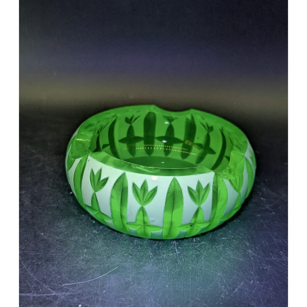 Vintage‎ Moser Bohemian White Cut To Green Uranium Glass Ashtray Floral 4.5"